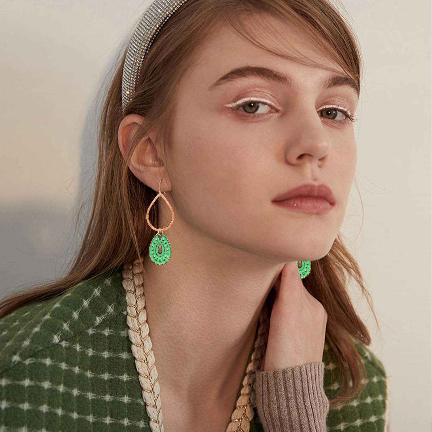 Bohemian Handmade Vintage Copper Green Enamel Teardrop Geometry Dangle Drop Earrings For Women - Image 2