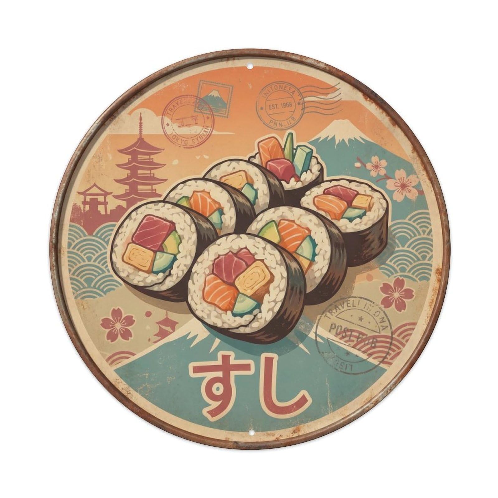 Cxhjca 8X8inch(20X20cm) Japanese Sushi Bar Vintage Travel Nigiri Maki Seafood Metal Tin Sign