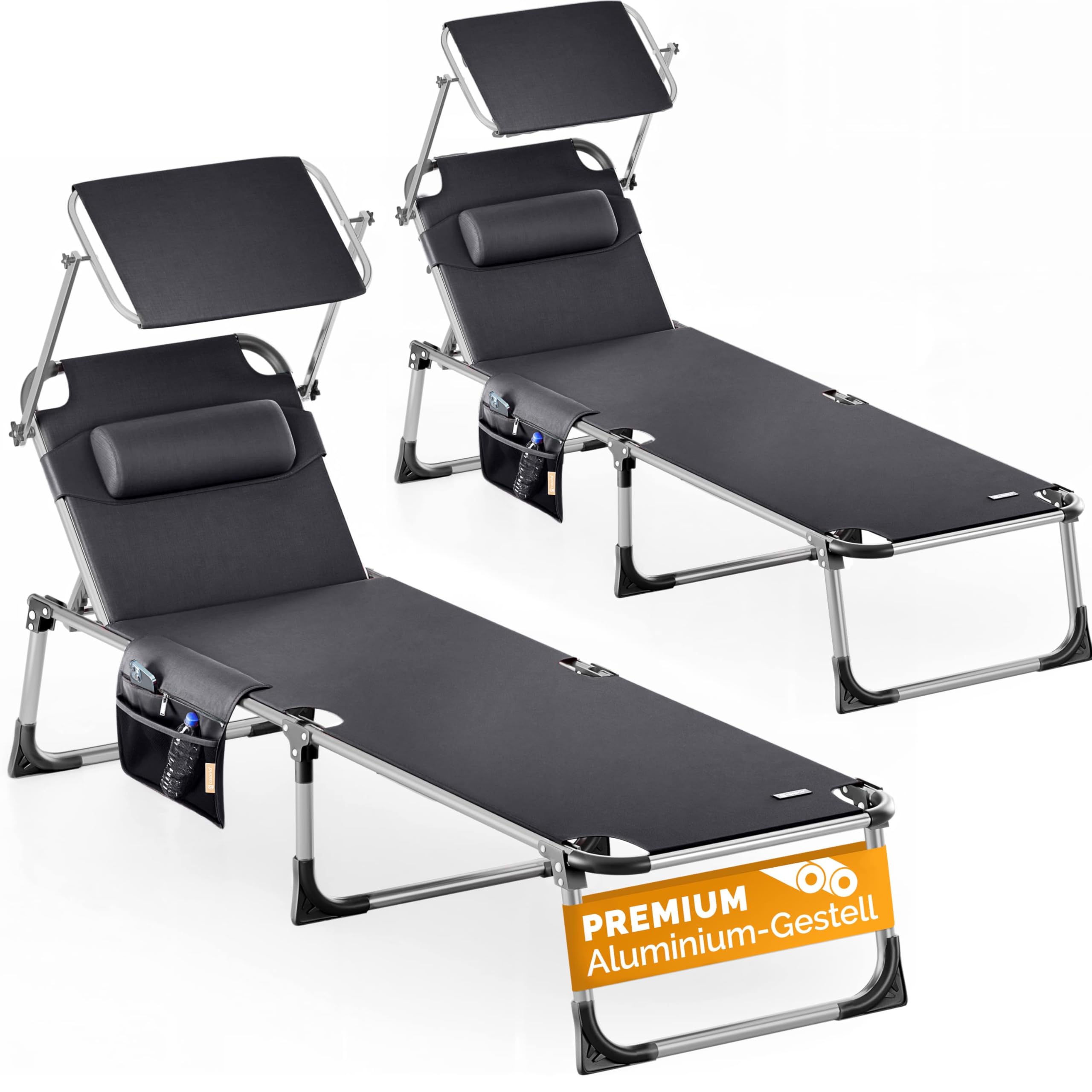 CASARIA® 2x Folding Sun Lounger with Canopy & Headrest, 210cm Extra Long Aluminium Garden Sunbed, Heavy Duty 180kg Capacity, 5-Position Reclining Deck Chair for Beach, Pool & Patio, Anthracite