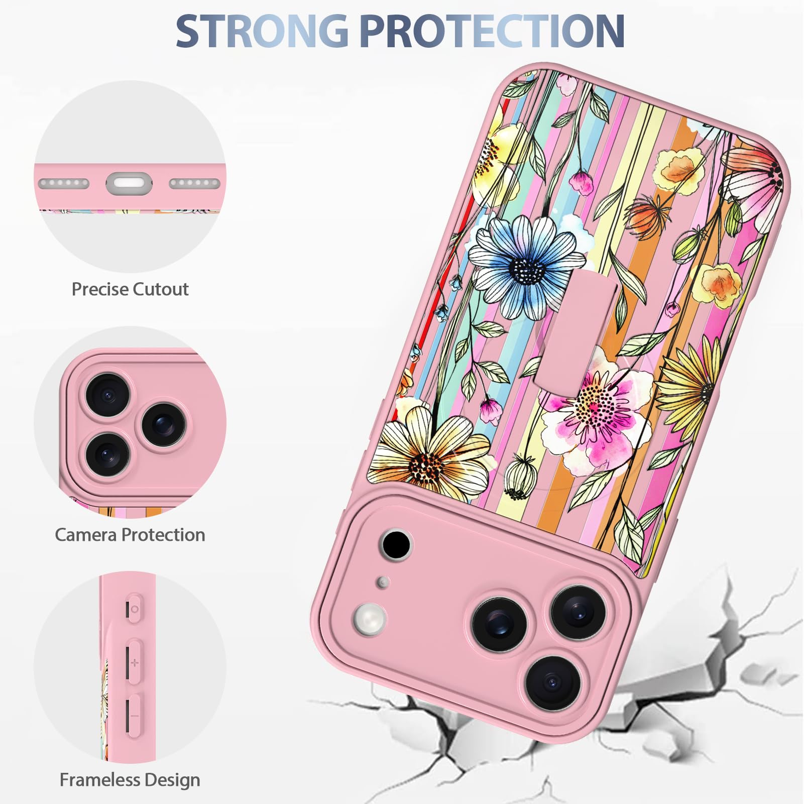 AIGOMARA Custodia magnetica per iPhone 17 Pro - Rosa, motivo floreale a | [Compatibile con MagSafe] Rosa Blu Disegno Fiore Colorato Morbido TPU Hard PC Back Anti-caduta Sottile Cover con Finger Strap