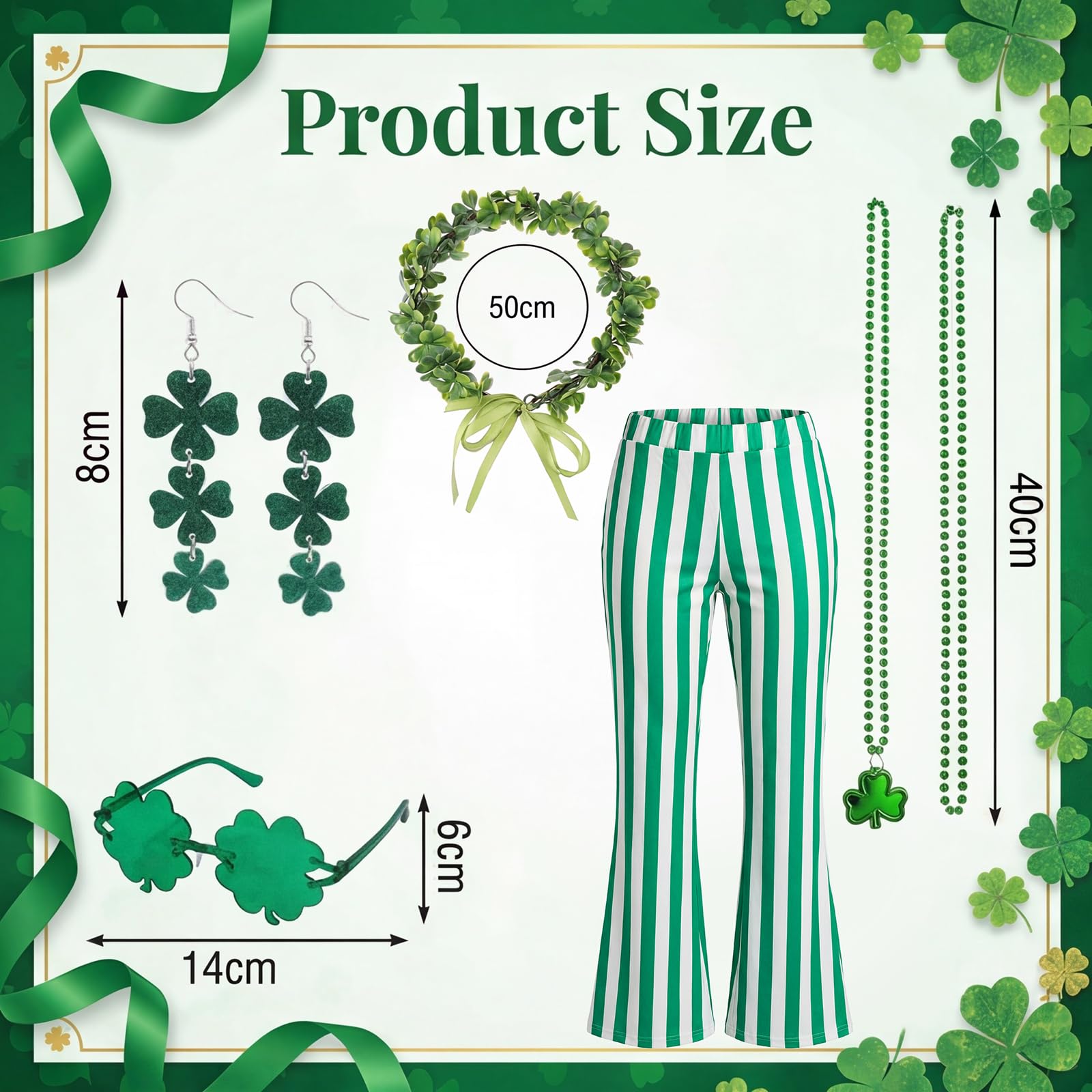 PANMAY Hippie Pants Fancy Dress 60s 70s Disco Outfit Trousers Green White Striped Flare Out Leggings Headband Glasses Necklace Earings Halloween Hippy Clothes - Image 3