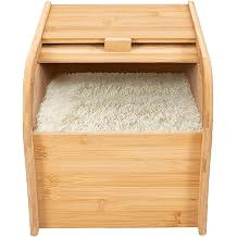 22 lbs Bamboo Rice Storage Container with Sliding Lid & Measuring Cup, Airtight Dry Food Organizer for Kitchen Countertop - Large Capacity Grain Bin for Flour, Nuts, Beans, Pet Food - Natural Wood