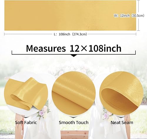 Miniatura 3 de Paquete de 10 caminos de mesa de satén color dorado claro de 12 x 108 pulgadas de largo, camino de mesa de tela suave de seda satinada para bodas,