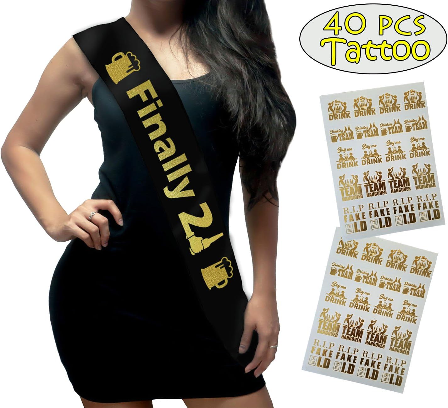 21st Birthday Sash and Tattoos Set - Black Satin Sash " Finally 21 " and 40 Pieces Gold Temporary Tattoos