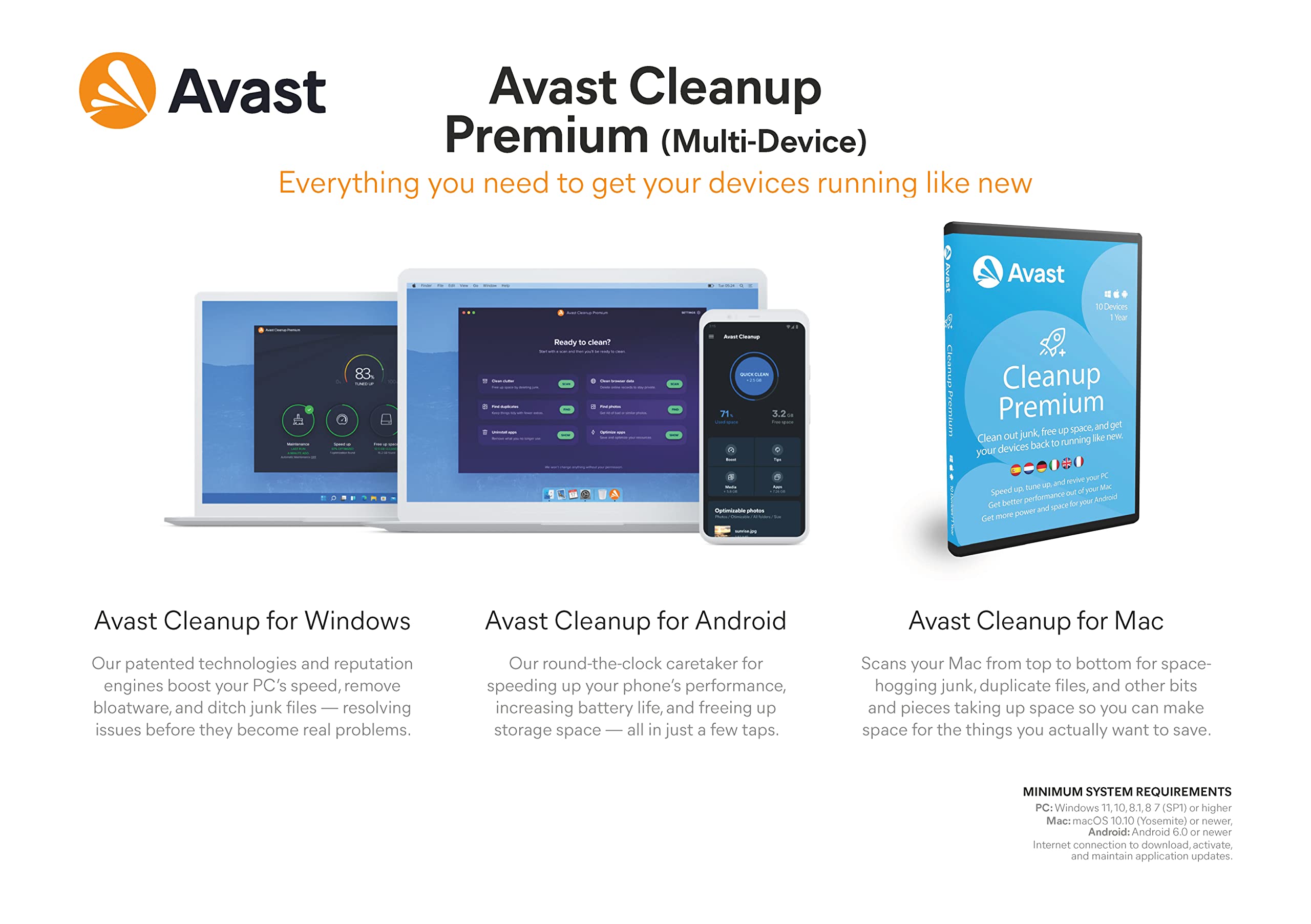 Avast Cleanup Premium 2026 - Elimina los archivos no deseados y acelera el sistema operativo | 10 Dispositivos | 1 Año | PC/Mac