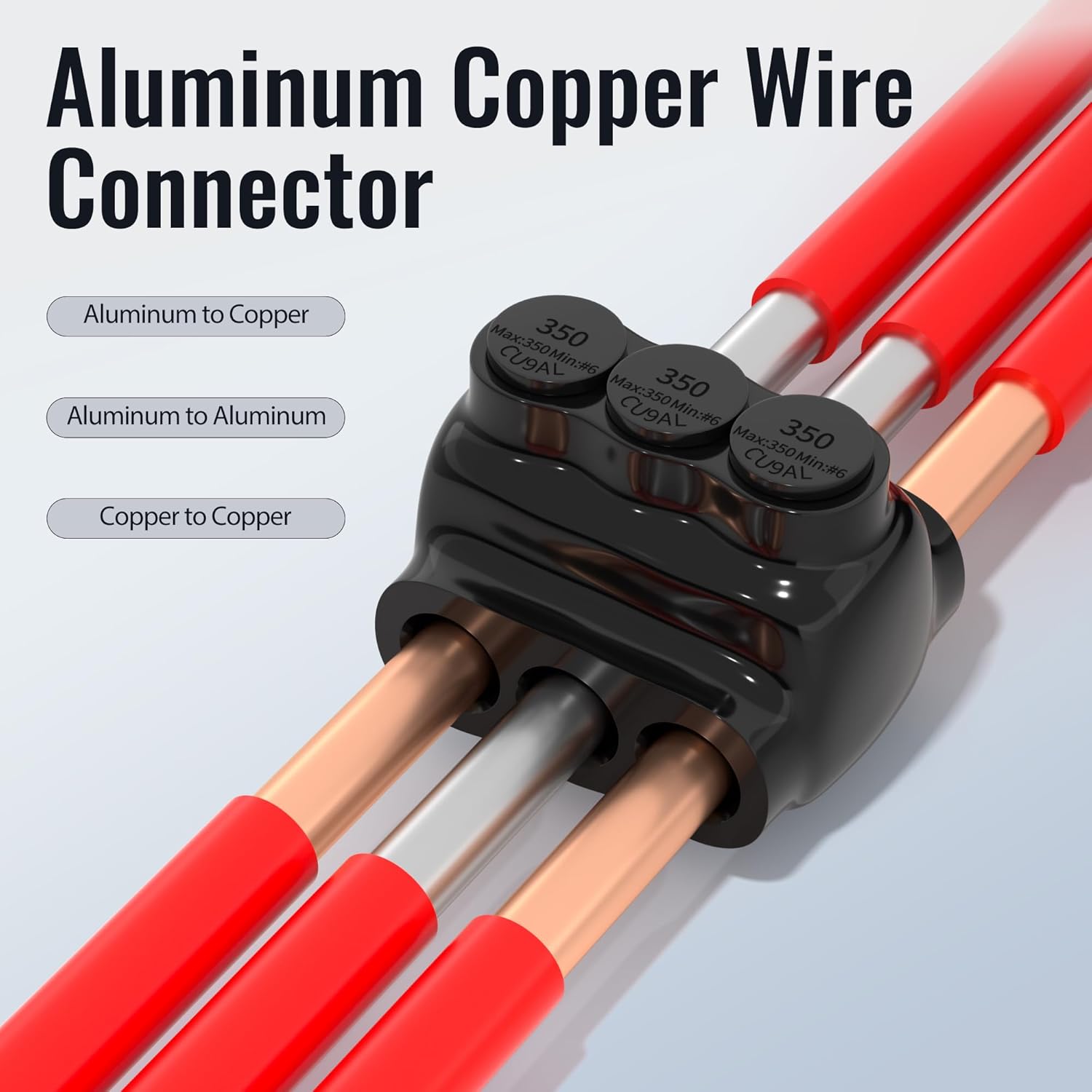 3 Port Black Electrical Cable Connectors 350MCM-6AWG Insulated Multi Tap Connector Dual Entry Aluminum Wire Connector 3/8" Allen Hex - 6 Pack