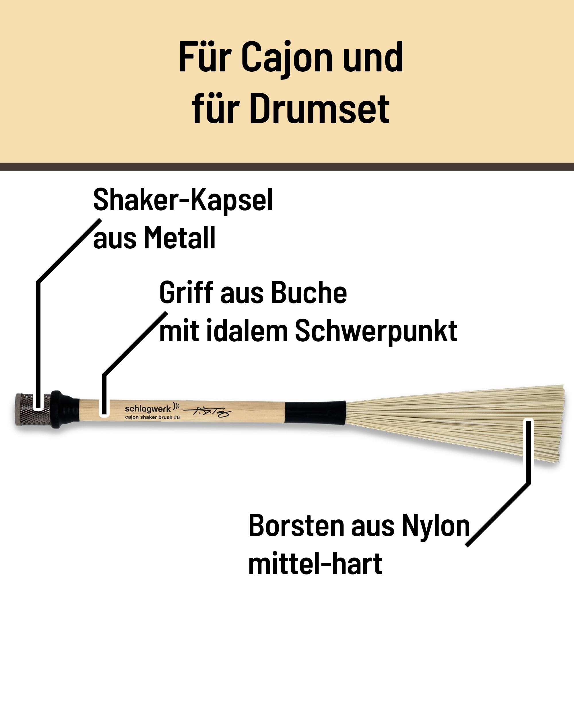 Schlagwerk BRC06 Cajon Brush #6 - Shaker Brush - 2 Stück - Percussion Brushes mit eingebautem Rhytmus Shaker - 40 cm Länge, ausbalenciert. Made in Germany - in Zusammenarbeit mit T.J.Troy