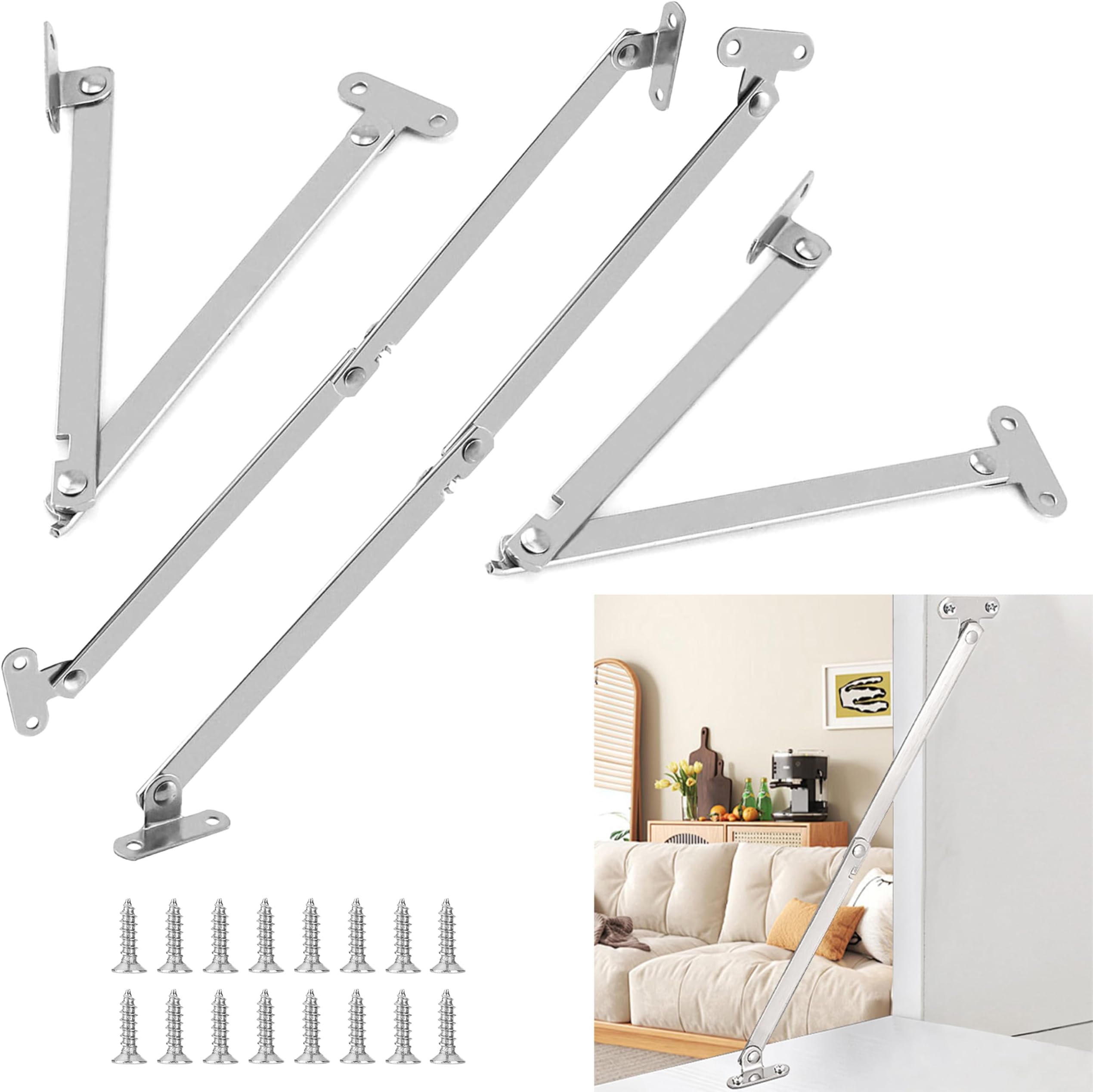 4 Pcs Drop Down Hinges, Cabinet Lid Stay Folding Hinges, 180 Degree Lid Support Flap HingesSoft Close Furniture Kitchen Cabinet Cupboard Wardrobe Door Hinge, with Screws