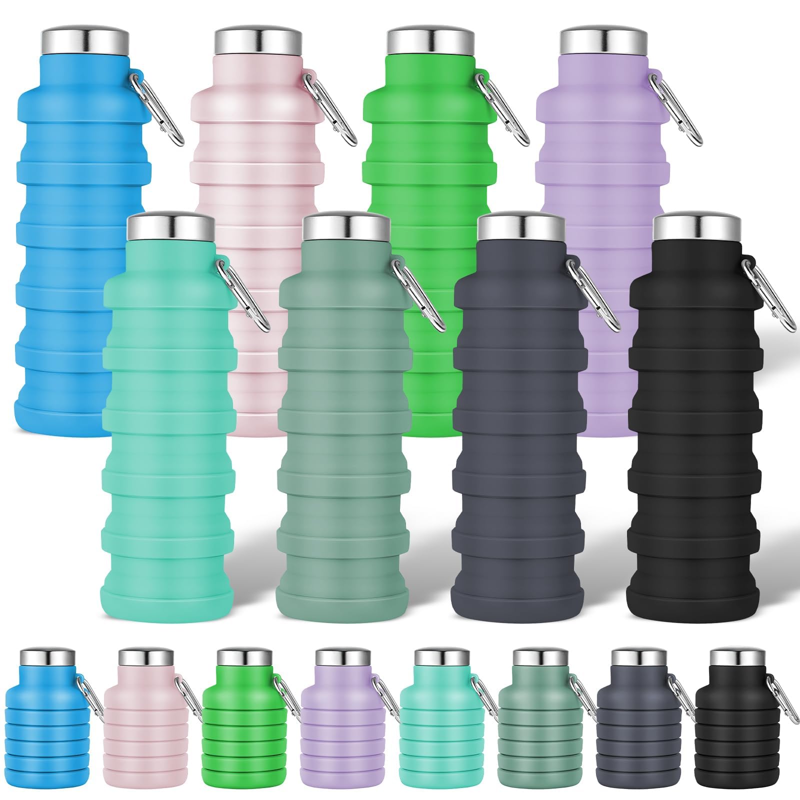 Bouteille d'eau pliable 500ml pour randonnée et camping, gourde silicone en lot de 8