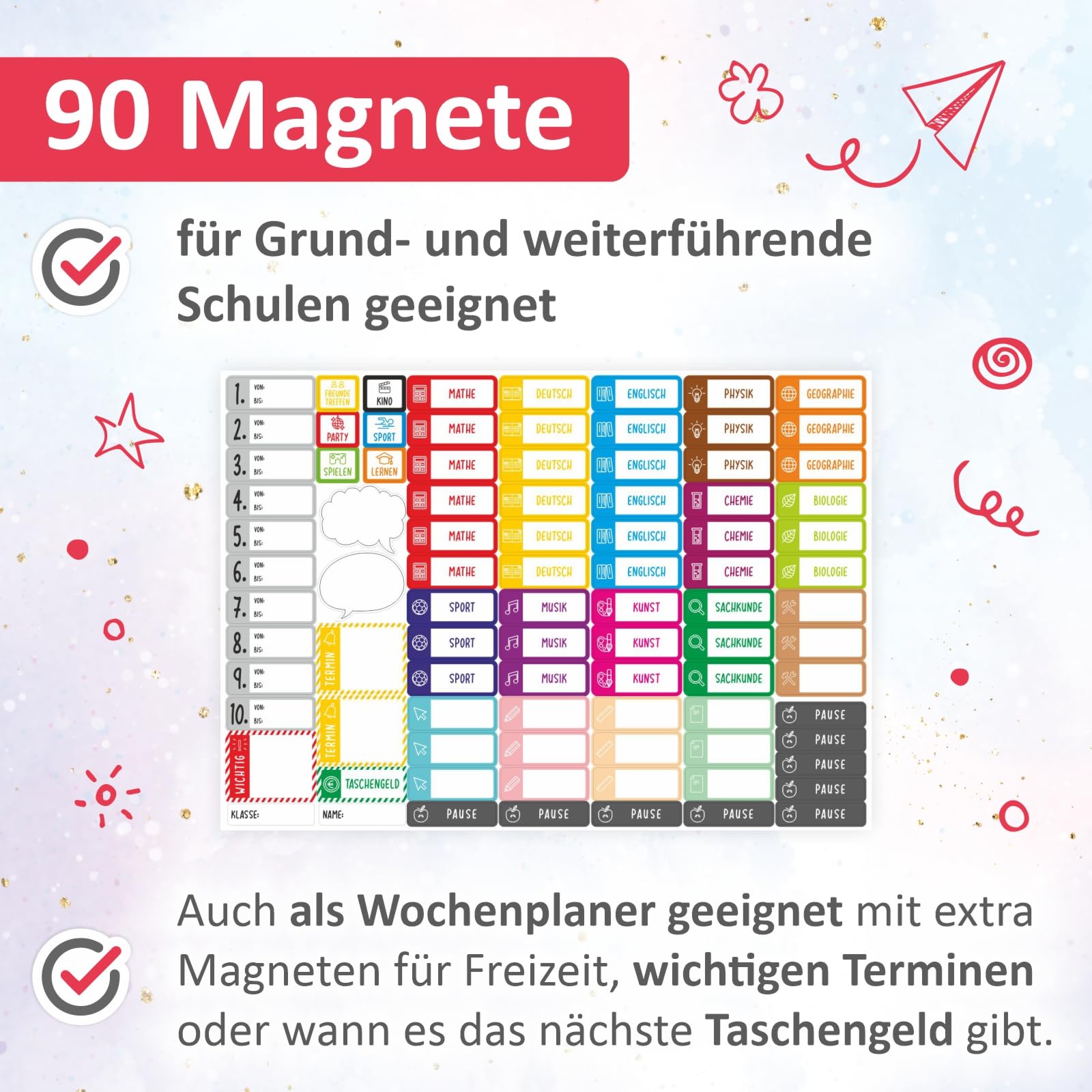 Magnetischer Stundenplan grün 90 Magneten Stift abwischbar Wochenplaner Schule 40 x 30 cm