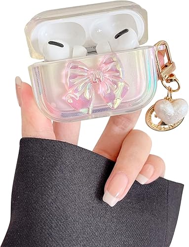 Ownest Funda compatible con AirPods, lindo diseño de lazo láser gradual transparente para niñas y mujeres, silicona suave, a prueba de golpes,