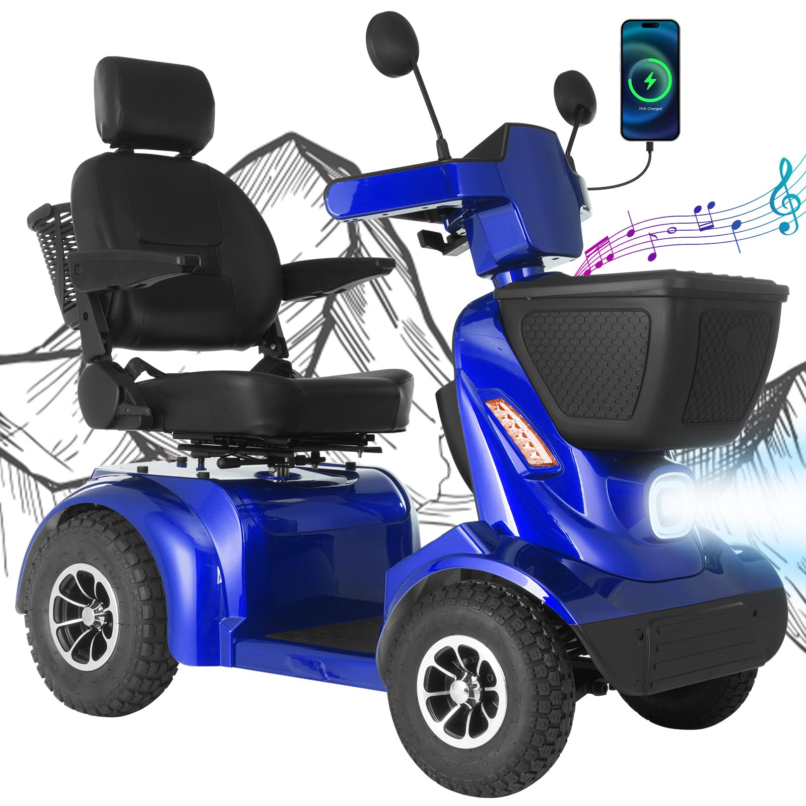 MS02 MAX All Terrain 1000W Electric Mobility Scooter for Adults& Seniors - 500LBS Load & 32 Miles Range Powerd Wheelchair Device w/Off-Road Absorber, Bluetooth Speaker, Dual Baskets, LED Light System