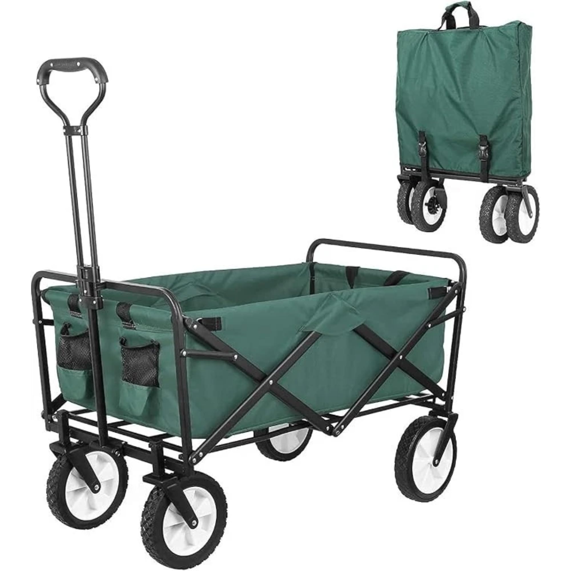 Folding Trolley with Wheels, 80kg Collapsible Wagon Cart, Heavy Duty Outdoor Utility Shopping Trolley for Camping, Garden, Beach, Picnic & Festival Use (Green)