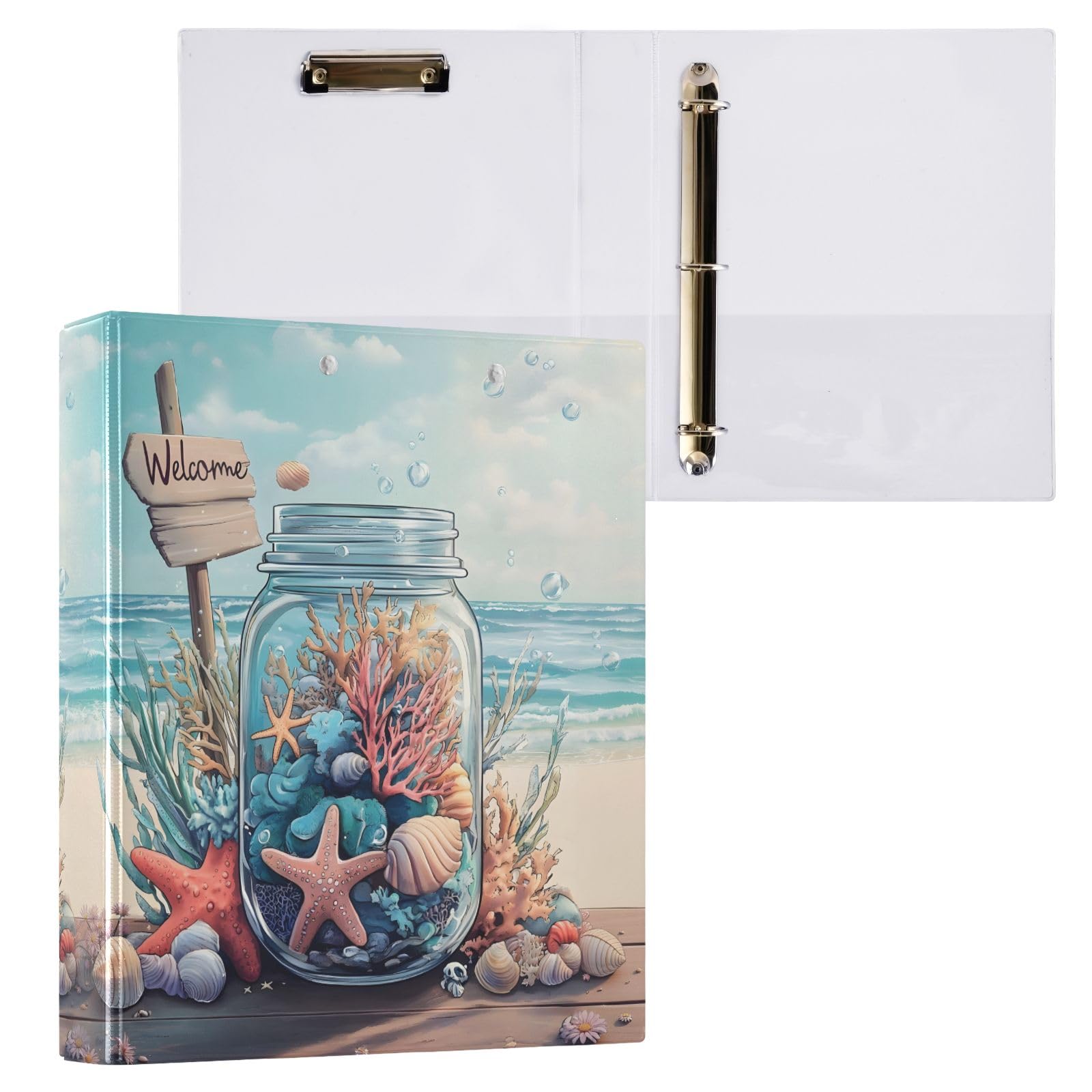 Raccoglitore a 3 anelli con bottiglia di vetro a forma di stella marina, 3,8 cm, contiene 200 fogli, 3 raccoglitori ad anelli con clip in metallo antiscivolo