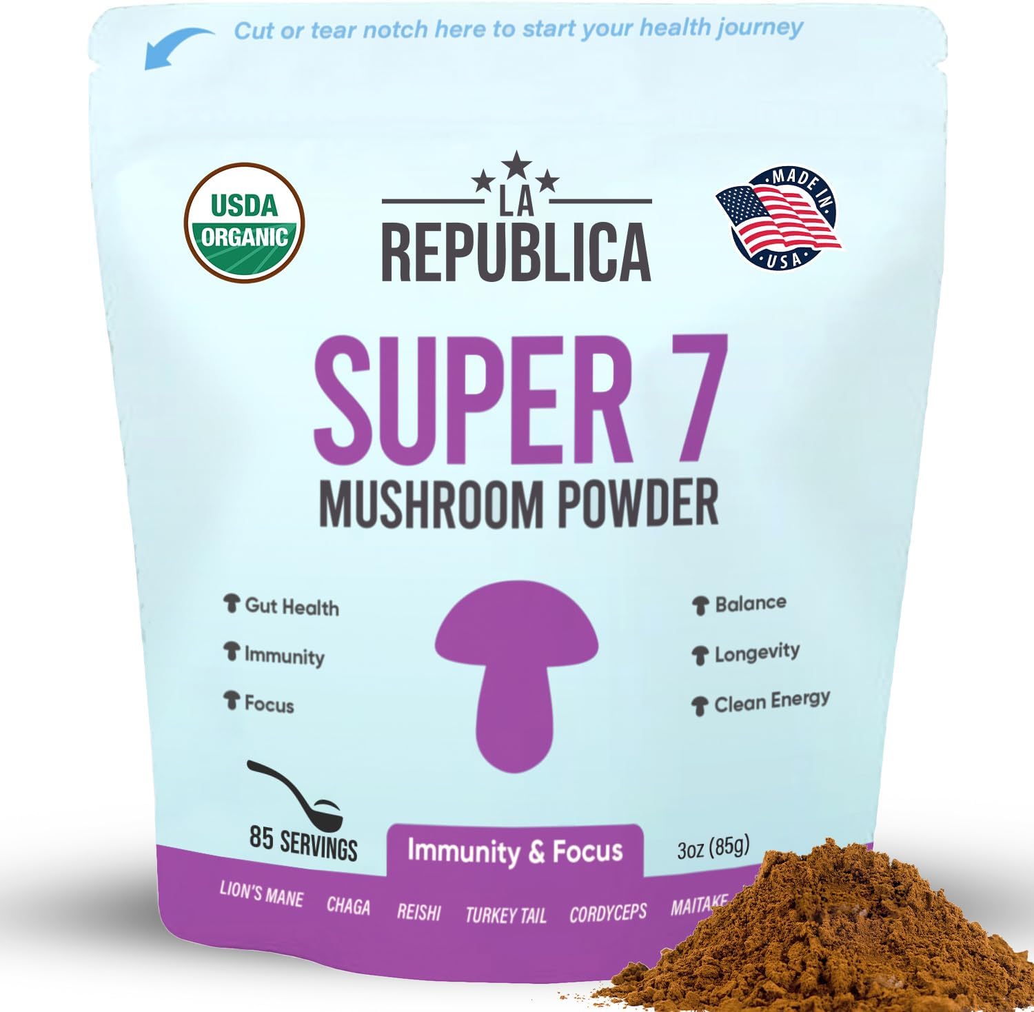 La Republica Superfoods USDA Organic Super 7 Mushroom Powder 3oz, Lion's Mane, Chaga, Reishi, Cordyceps, MAitake, Turkey Tail, No Fillers (3oz)