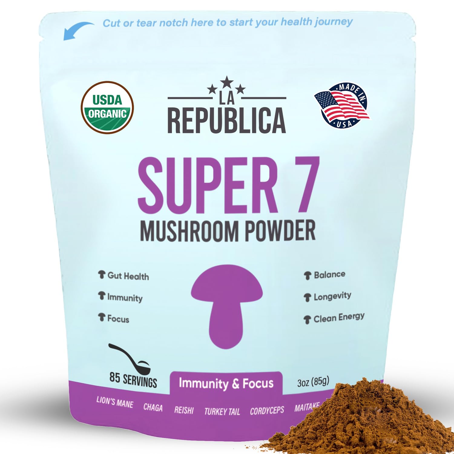 USDA Organic Mushroom Powder (Lion's Mane, Chaga, Reishi, Cordyceps, Maitake, Turkey Tail, No Fillers, 3 oz)