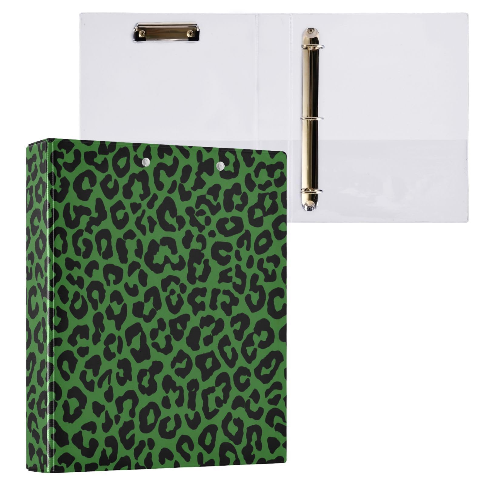 Kcldeci Raccoglitore a 3 anelli con copertina rigida, verde pelle di leopardo, 3,8 cm, organizer per 200 fogli per ufficio/casa/rientro a scuola, confezione da 2