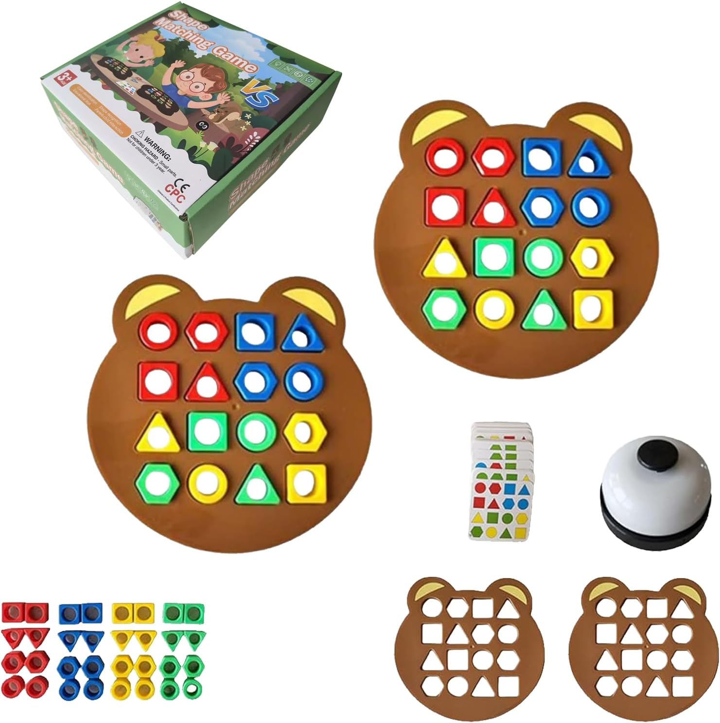 Shape Matching Game, Children Puzzles Geometric Shape Quick Board Toy, Cute Bear Shaped Checkerboard Interactive Board Toys for Two Players (with Bell)