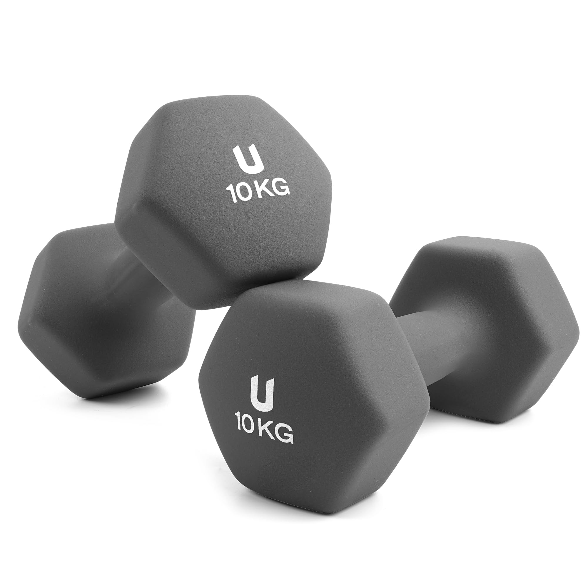 unycos - Set di 2 Manubri Antiscivolo in Neoprene, Coppia di Pesi Esagonale da 10 kg per Uomini/Donne, Nucleo in Ghisa, Allenamento della Forza, Fitness, Palestra in Casa (Grigio Scuro)