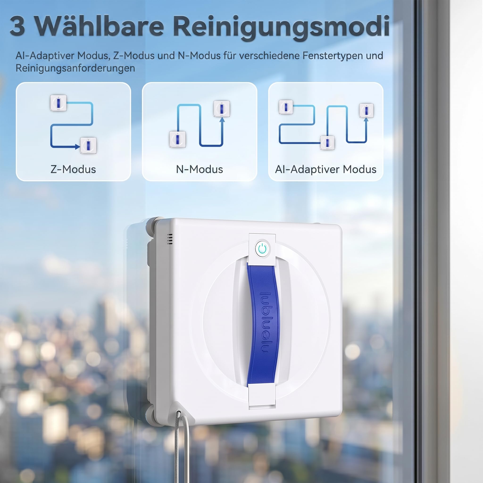 Lubluelu Fensterreinigungsroboter mit KI-gesteuerter Navigation, 8 kPa starker Saugleistung, 4-seitigen Reinigungsbürsten, Doppel-Sprühsystem, intelligenter Routenplanung, 8 Schutzfunktionen
