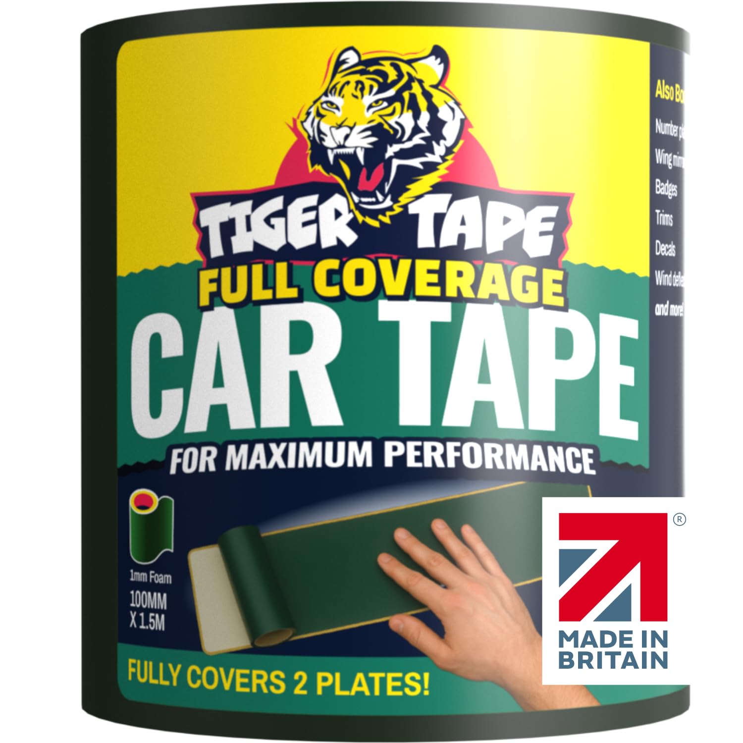 Tiger Tape® UK Made. Heavy Duty Max Hold Number Plate Roll | Fully Covers 2 x UK License Plate. Extra Strength Automotive Grade Adhesive. Ultimate High Performance Grip | Fits all UK Vehicles