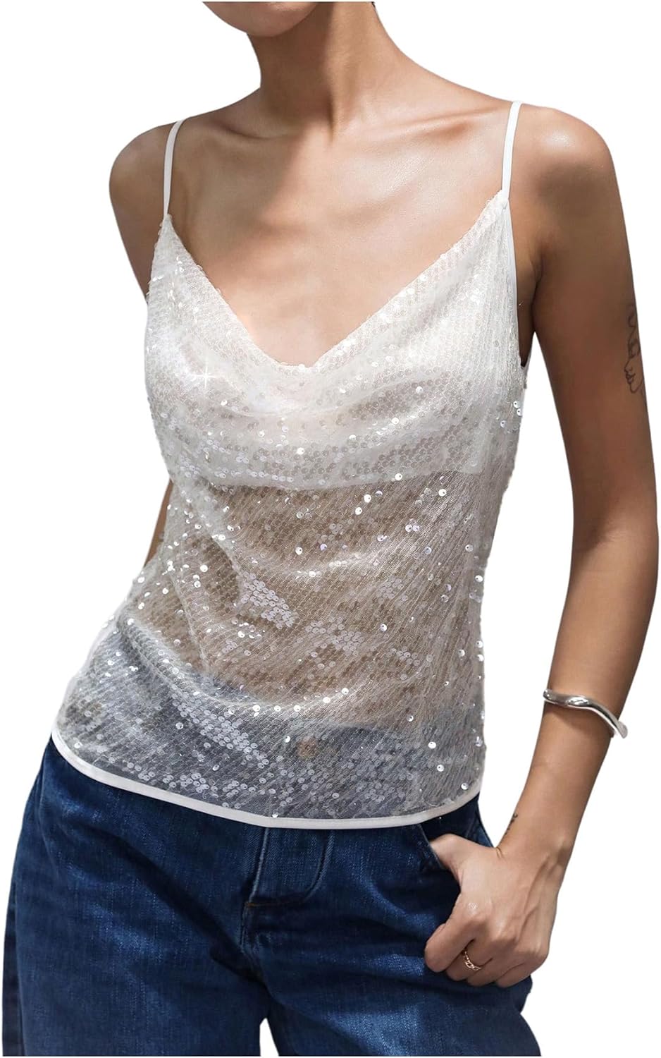 SHENHE Women's Sexy Sparkle Shimmer Cami Tank Tops Disco Sequin Camisole
