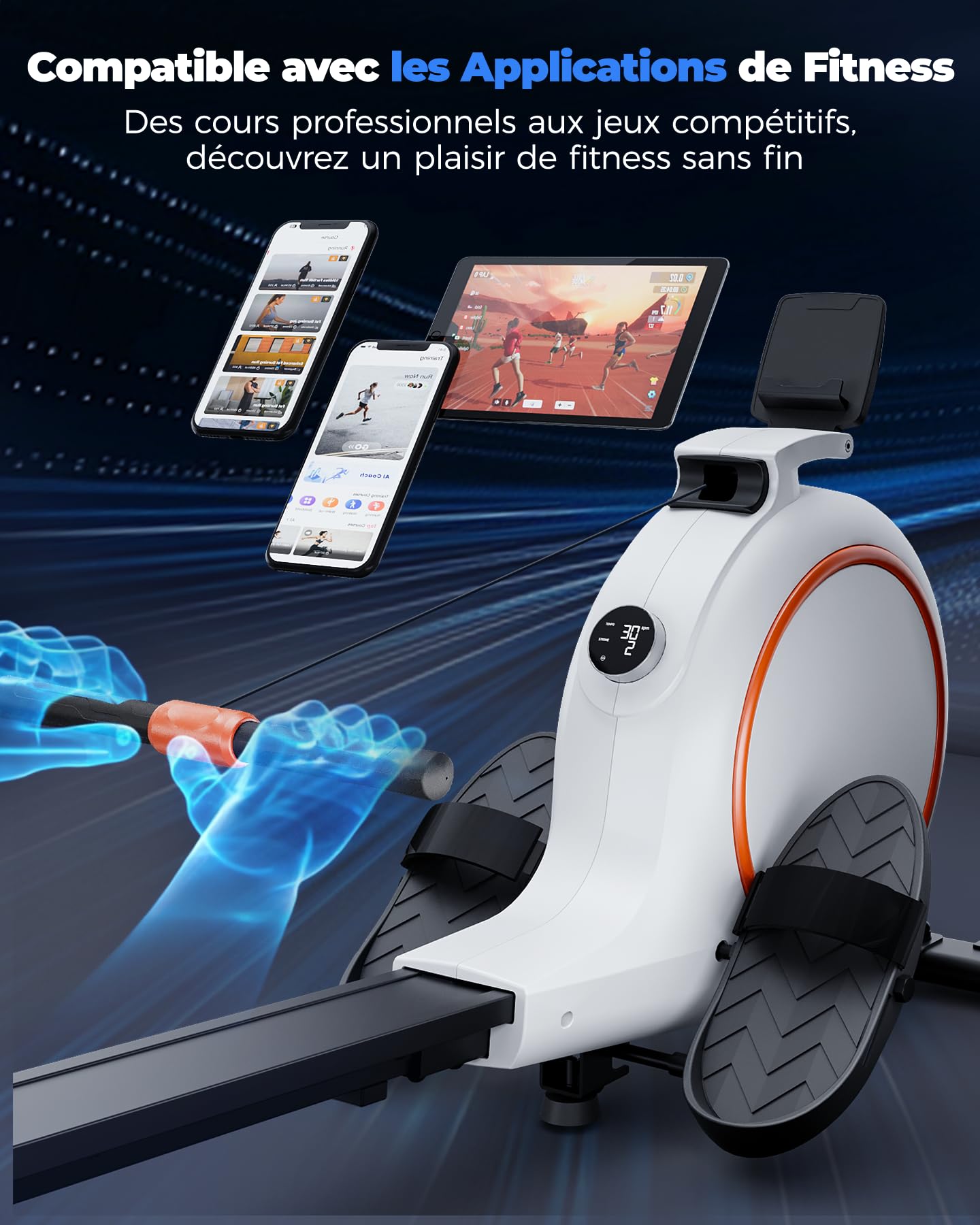 Copant Rameur Magnétique pour Usage Domestique, 32 Niveaux de Résistance, Max 136KG, Rameur Cardio APP Contrôle, avec Support de Tablette et Écran LCD