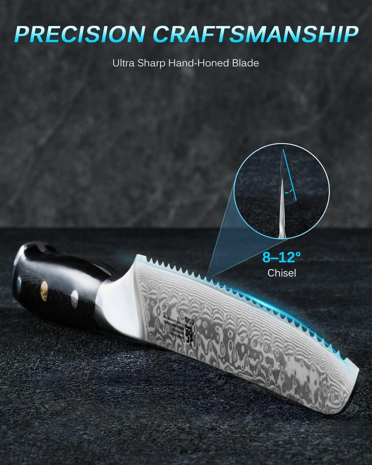 KYOKU 8" Serrated Bread Knife - Gin Series - VG10 Damascus Japanese Style Steel Kitchen Knife with Silver Ion Blade G10 Handle Mosaic Pin, Professional Razor-Sharp Bread Cutting Slicing - Image 6