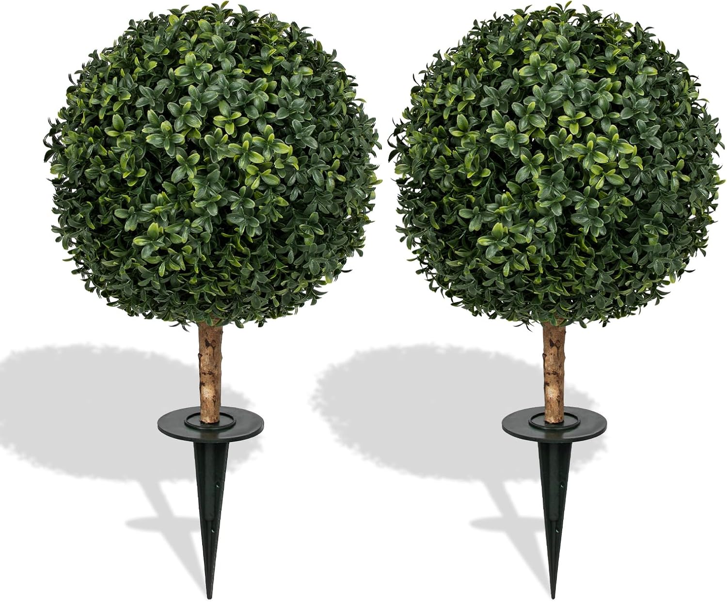 24" Artificial Boxwood Topiary Tree with Spike, 2 Pack Faux Ball Shrubs Bushes for Home Front Porch, Backyard, Entryway & Planter Decorations, Fake Plants for Garden, Outdoor Walkway & Poolside Decor