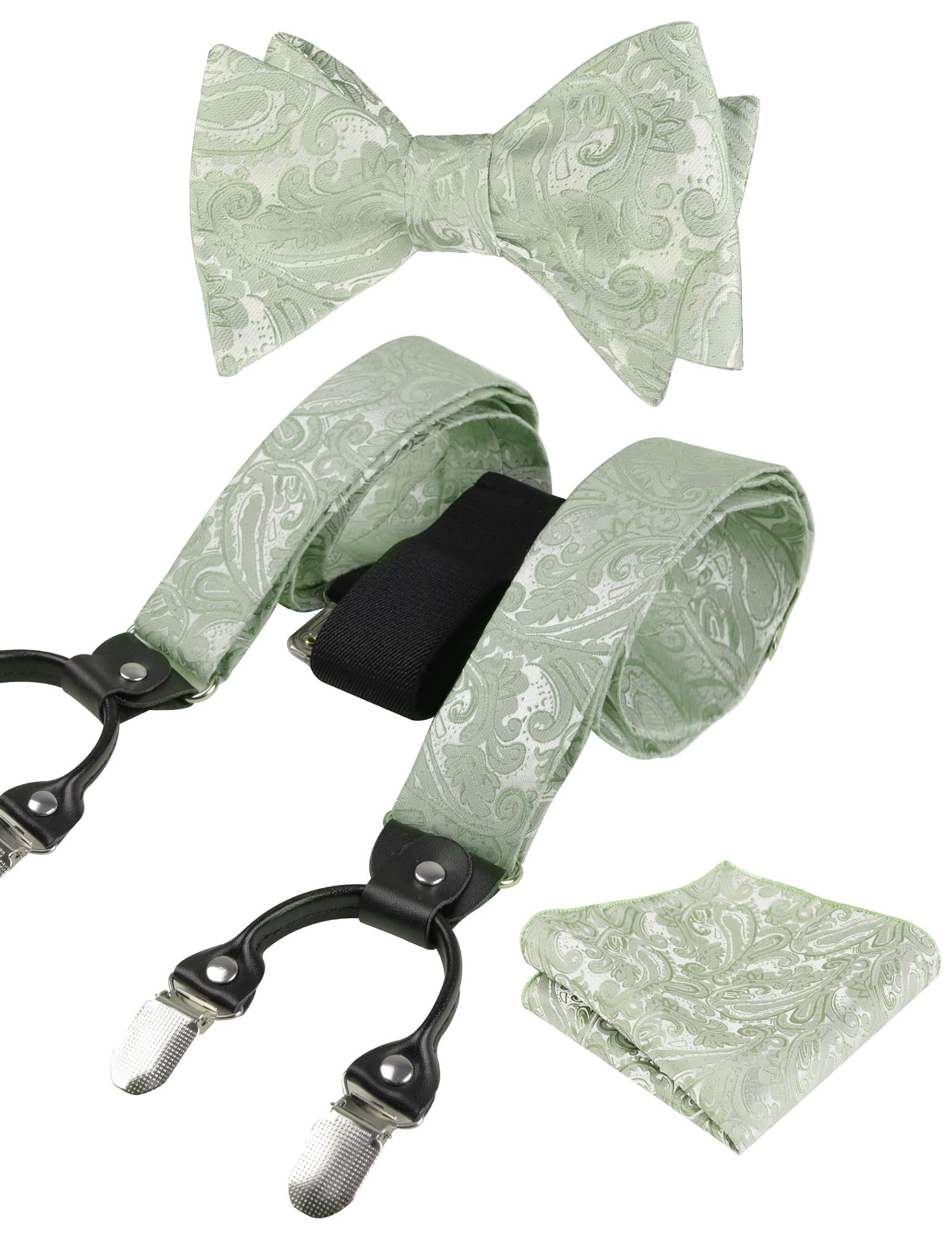 Alizeal Paisley Suspenders and Self Tied Bow Tie for Men with Pocket Square Set,Sage Green