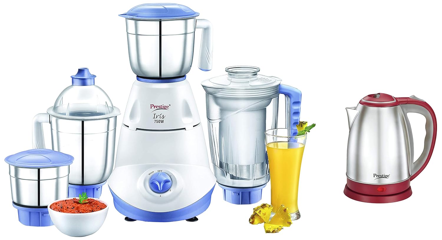 Prestige Iris(750 Watt) Mixer Grinder with 3 Stainless Steel Jar + 1 Juicer Jar, White and Blue + Prestige 1.5 Litre Kettle 1500-watts, Red