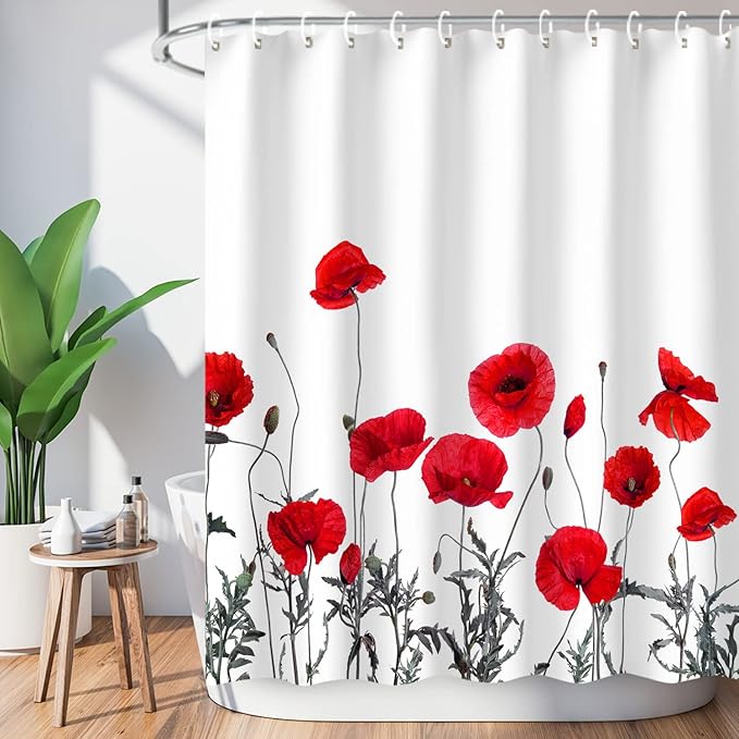 LIVILAN Poppy Shower Curtain Red Shower Curtains for