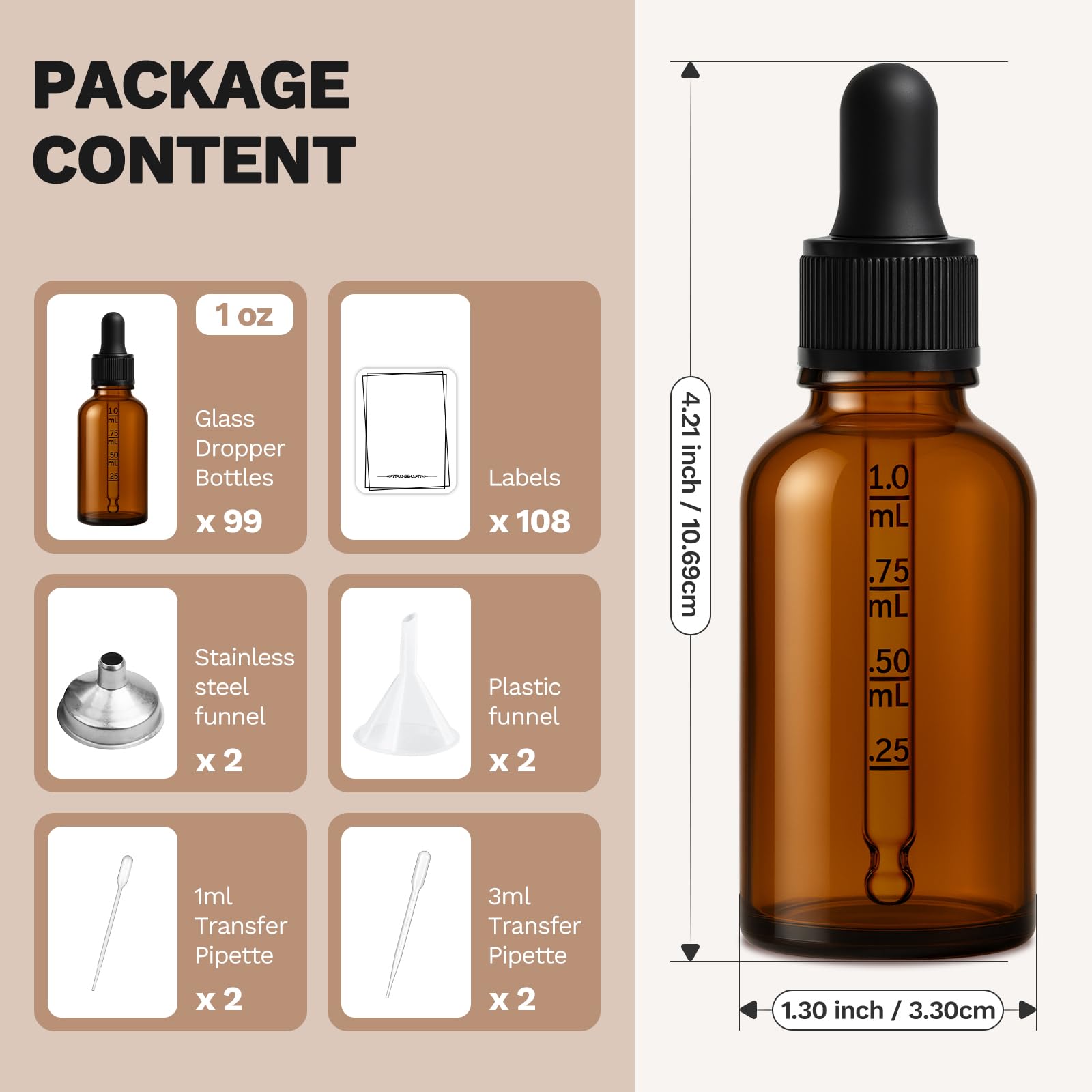 Bumobum Tropfflaschen für ätherische Öle, 100 Stück, 30 ml, bernsteinfarbene Glas-Tropfflaschen mit Pipette, 10 Trichter und 10 lange Pipetten, leere Tinkturflaschen für Reisen, Heimgebrauch