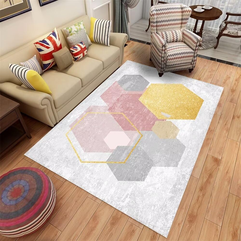 Tapis chambre ado fille au design hexagonal avec des finitions textiles soignées