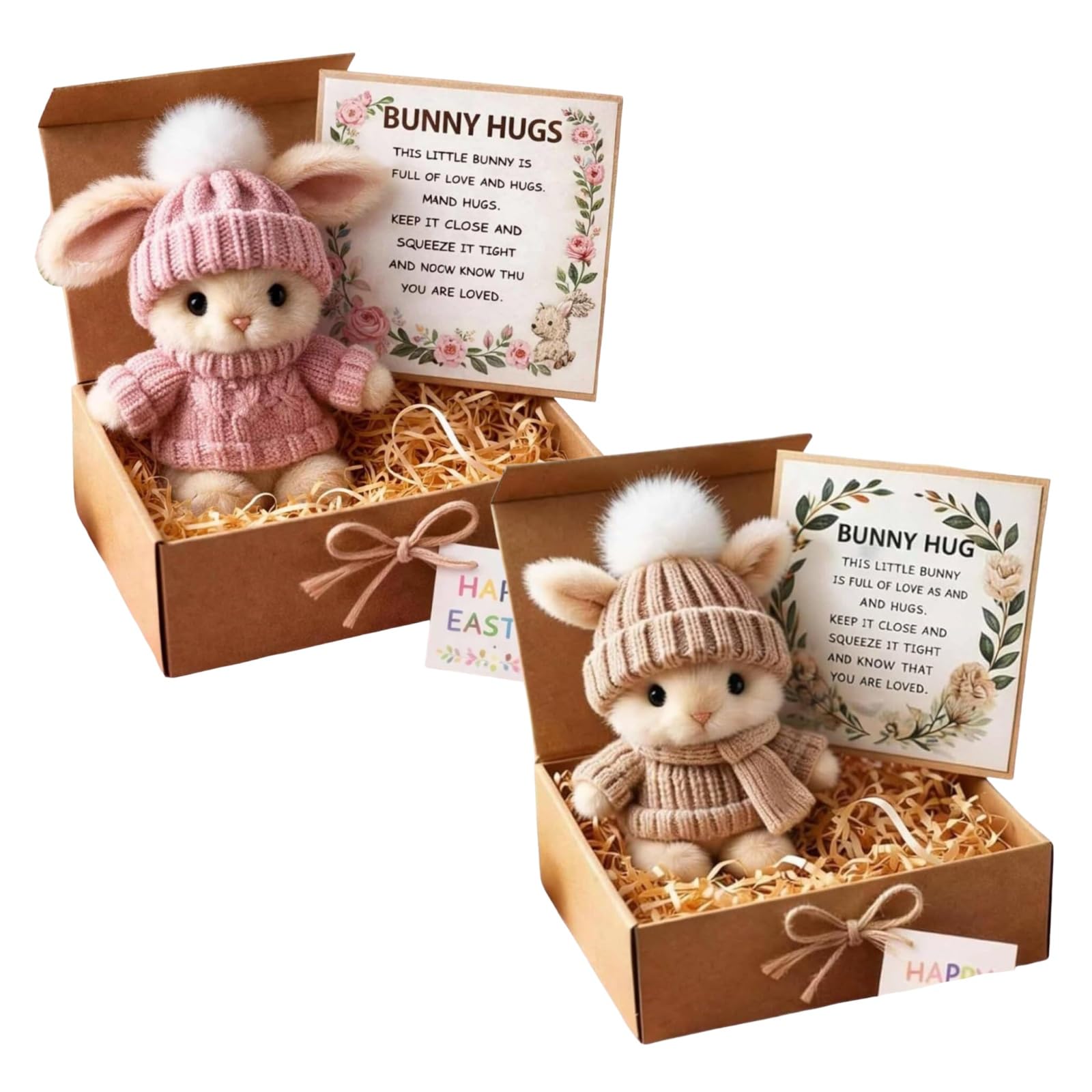 Mini Bunny Hug Cute Easter Gift, Mini Bunny Hug in Box, Emotional Support Positive Crochet Bunny with Inspirational Card, Handmade Plush Pocket Hug Rabbit Doll for Kids Family Friend (2PCS-d)