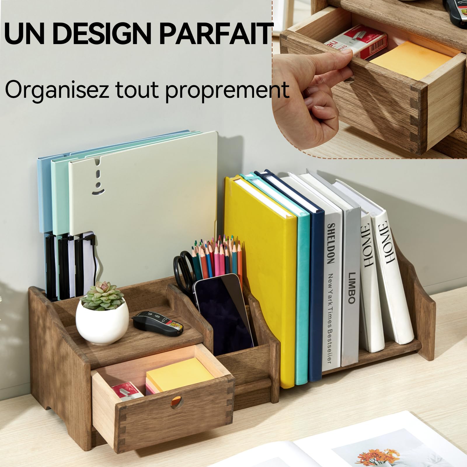 KIRIGEN Organisateur de Bureau en Bois, étagère de Bureau à tiroir, Brun