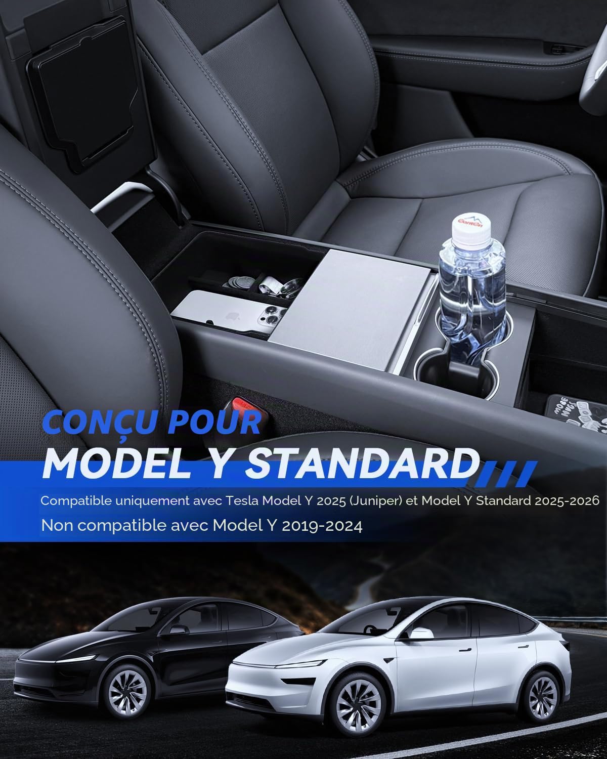 Lot de 3 Accessoires pour Tesla Model Y Standard 2025-2026 et Model Y 2025-2026 Juniper - Boîte de Rangement pour accoudoir - Boîte cachée et Porte-gobelet Model Y - Accessoires (Flocage)