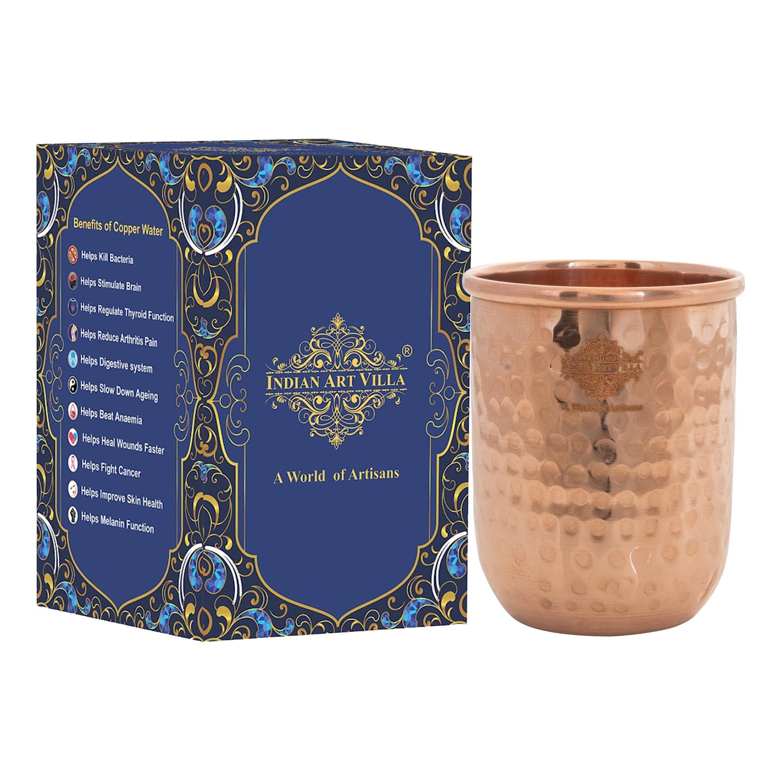 Indian Art Villa Copper Round Hammered Design Tumbler Copper Vessel for Drinkware and Serveware Home Restaurant Volume- 9