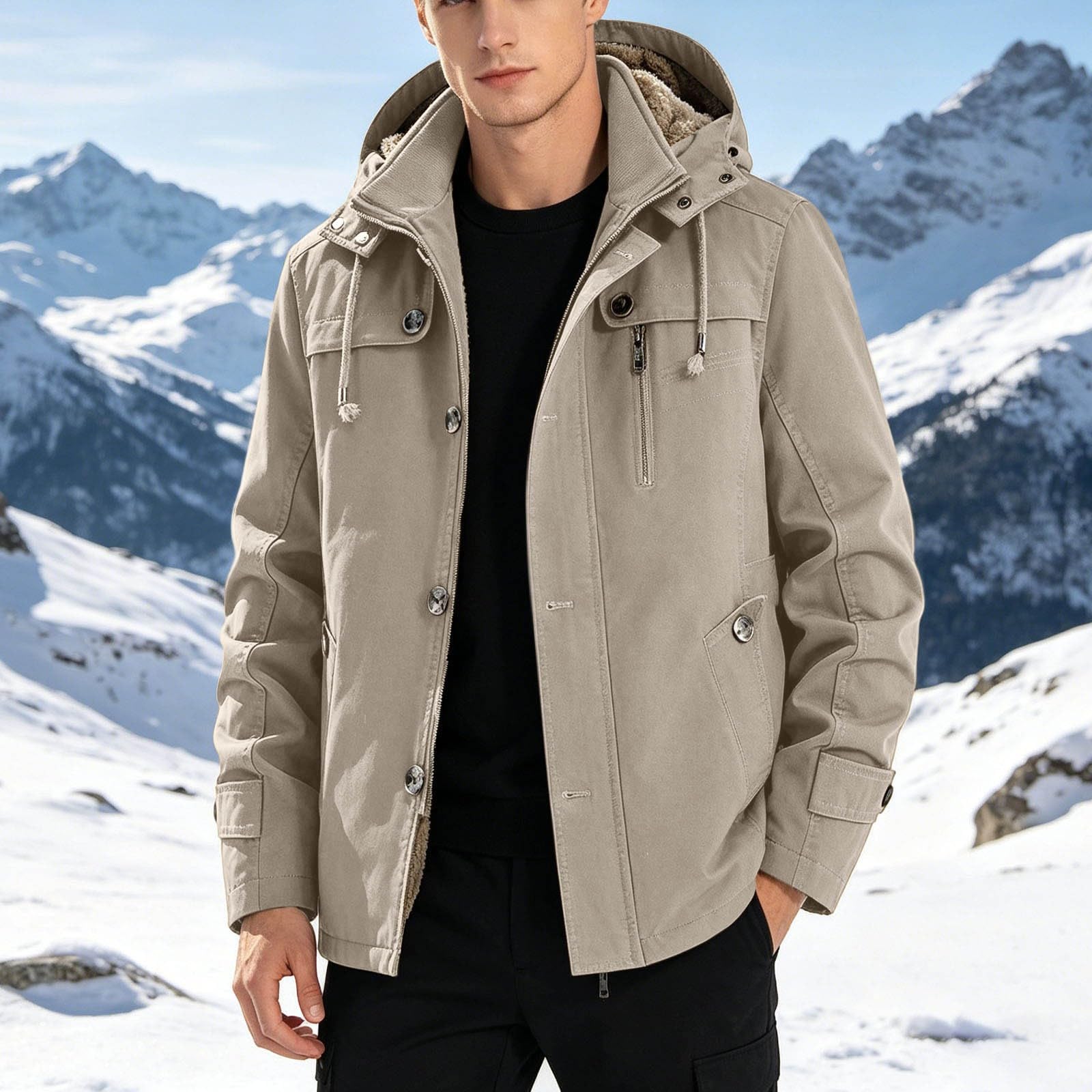 Giacca casual imbottita da uomo con cappuccio per l'inverno, taglio largo, vestibilità comoda, materiale robusto per avventure