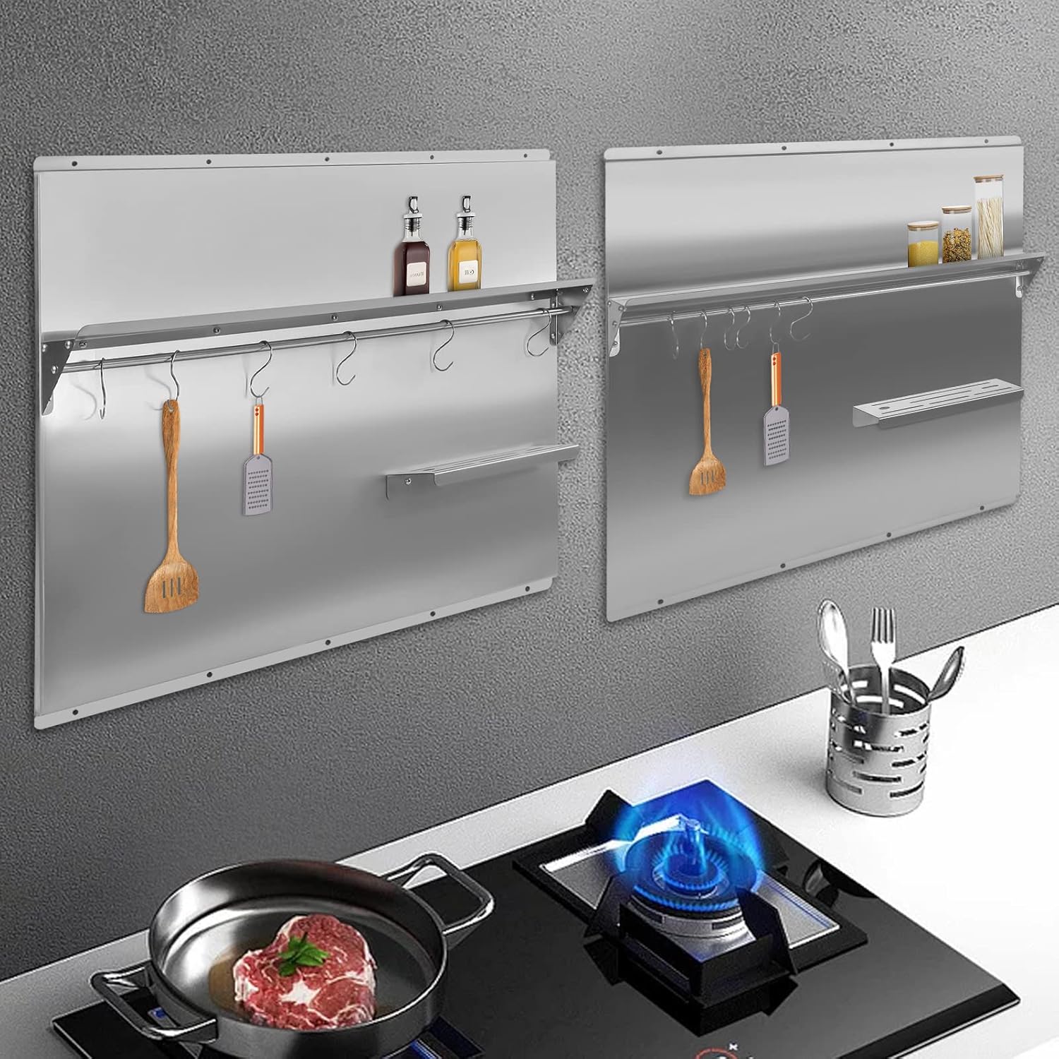 Commercial Grade Kitchen Backsplash - 201 Stainless Steel 36" Organizer w/6 Hooks - 5mm Thick for Restaurants & Homes (66lb Load, Easy Clean Surface)