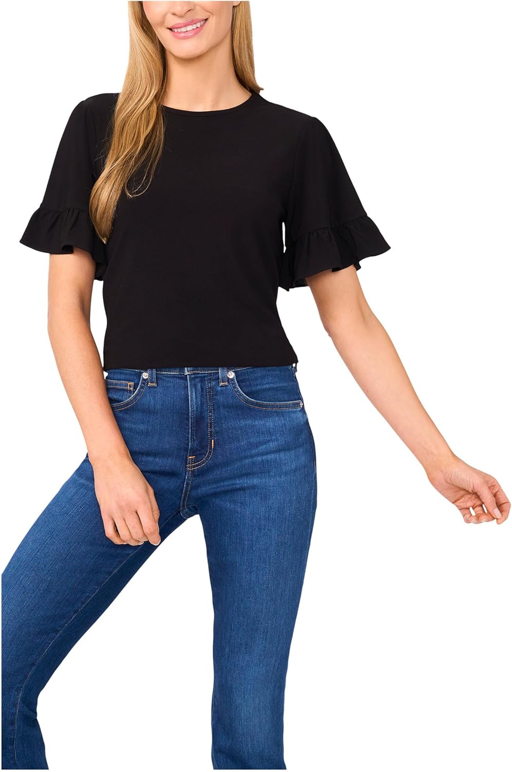 CeCe Womens Short Sleeve Ruffle Detailed Knit Top