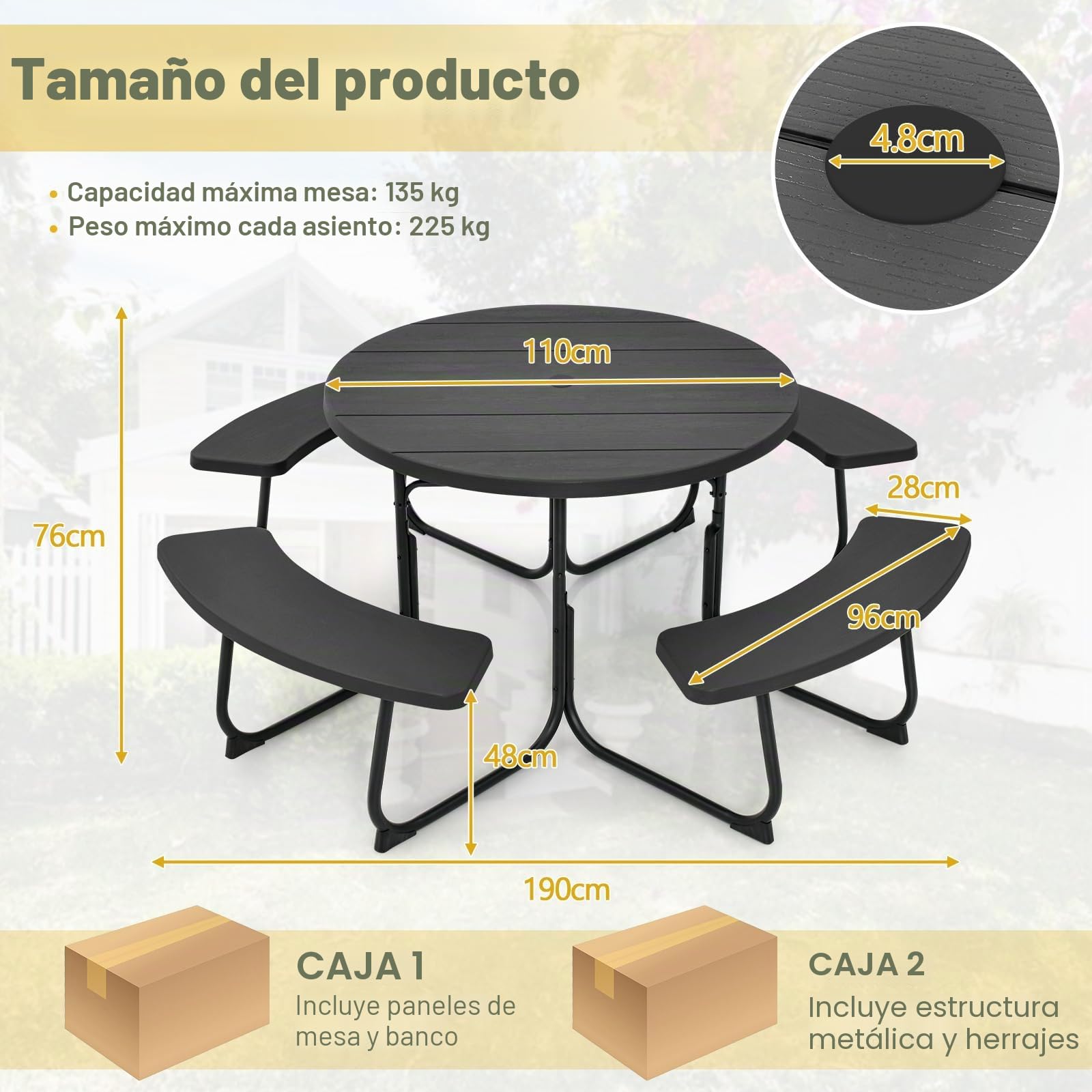 Giantex Conjunto de Mesa de Pícnic para 8 Personas, Mesa de Redonda de Jardín con 4 Bancos, Mesa de Cerveza con Orificio para Sombrilla, Resistente a la Intemperie de HDPE (Antracita)