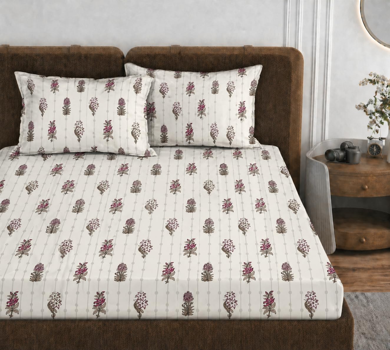 VOMZER 320 TC Cotton Feel All Around Elastic Fitted Bedsheets King Size, Premium Fitted Bedsheets King Size for Double Bed with 2 Pillow Covers, Size- 78” x 72” (Ivory Dot)