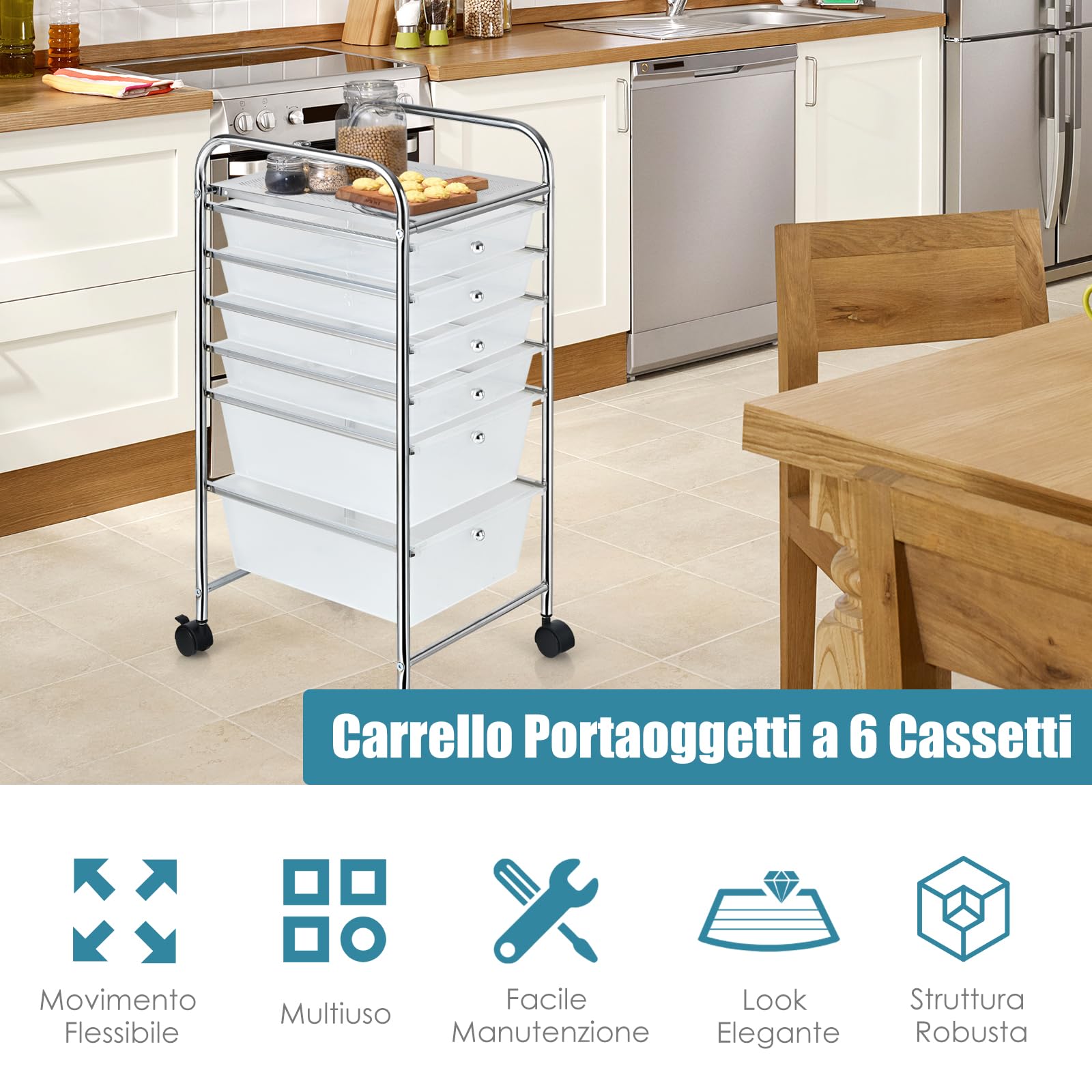 COSTWAY Carrello con 6 Cassetti e Ruote, Cassettiera in Plastica, con Due Dimensioni di Cassetti, Contenitore Multiuso per Casa Bagno e Ufficio, 37 x 74 x 32cm (Trasparente)