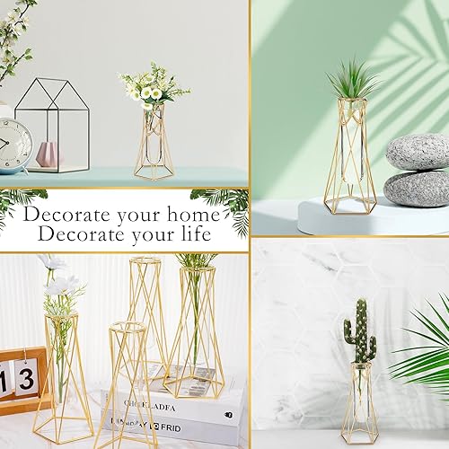 Miniatura 7 de 24 jarrones geométricos dorados para centros de mesa, marco de metal, florero con cilindro de vidrio, soporte de flores moderno hidropónico para el