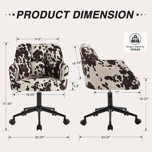 Miniatura 2 de Silla de escritorio moderna giratoria para oficina en casa con ruedas y brazos, terciopelo estampado de vaca, altura ajustable, cómoda, ergonómica,