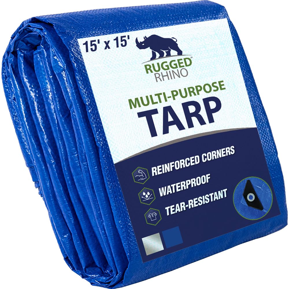 RUGGED RHINO Heavy Duty Waterproof Tarp, Reinforced Corners 1 Pk 15x15 Blue