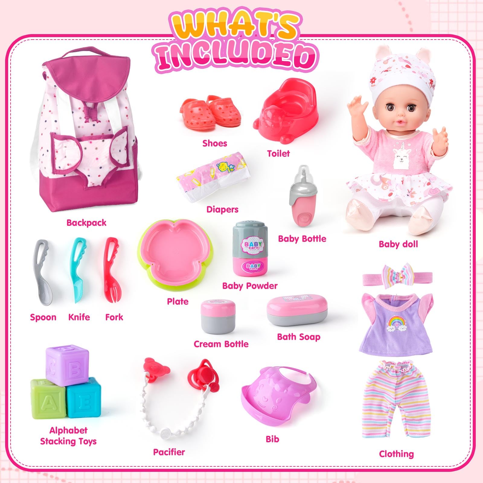 AuntyFey Baby Doll with Accessories Set, Baby Dolls Set for Toddler Girls 3-5 6-12, Baby Doll Playset, Baby Dolls for 5 Year Old Girls, Baby Doll Toys Pretend Play Toy(Backpack)