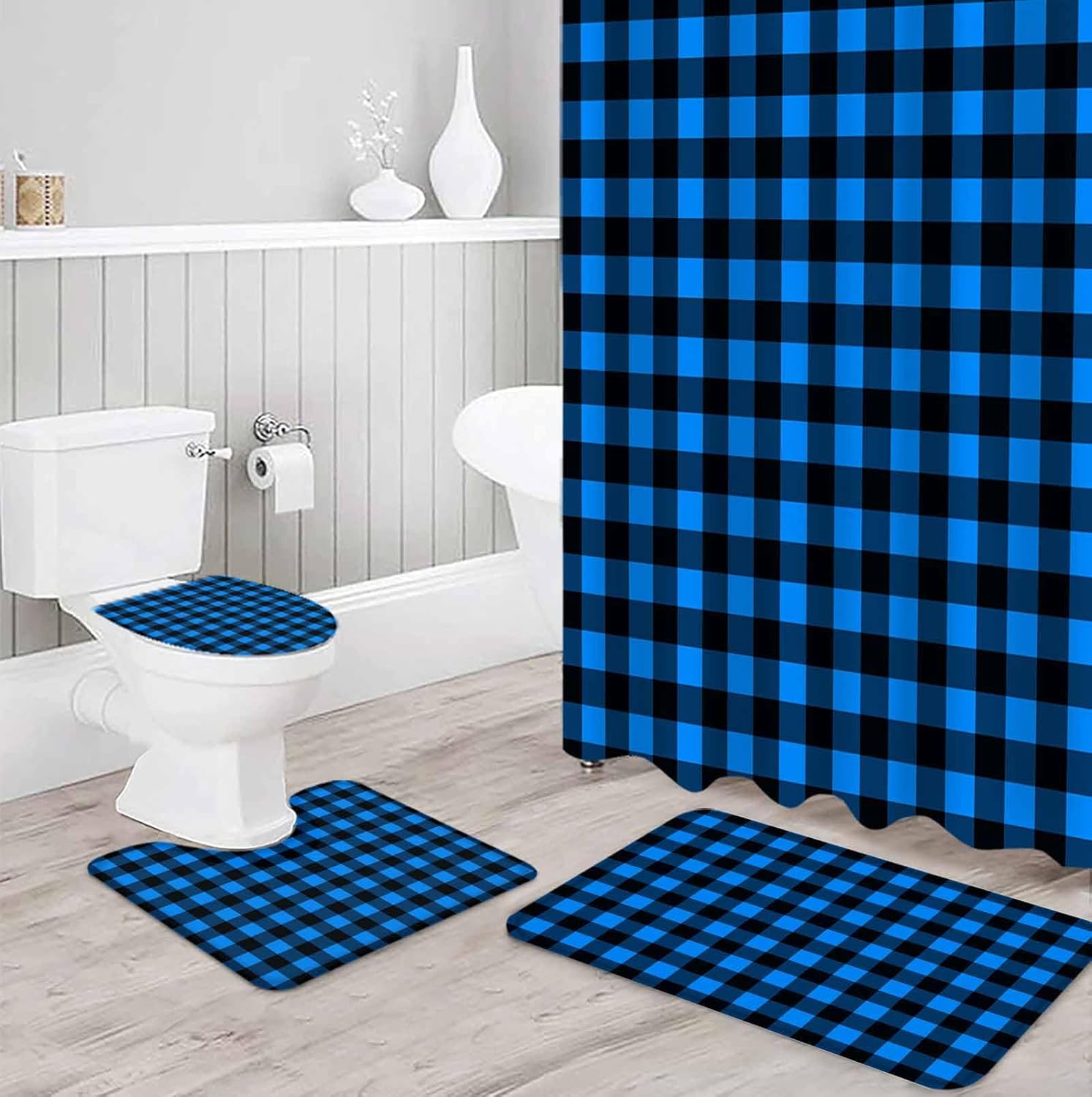 Black Blue Plaid Bathroom Set with Shower Curtain and Rug and Accessories - 36x72 Inches Long Country Buffalo Checked Gingham Bathtub Floor Runner Rug Set Stall Curtains Waterproof with Large Bath Mat