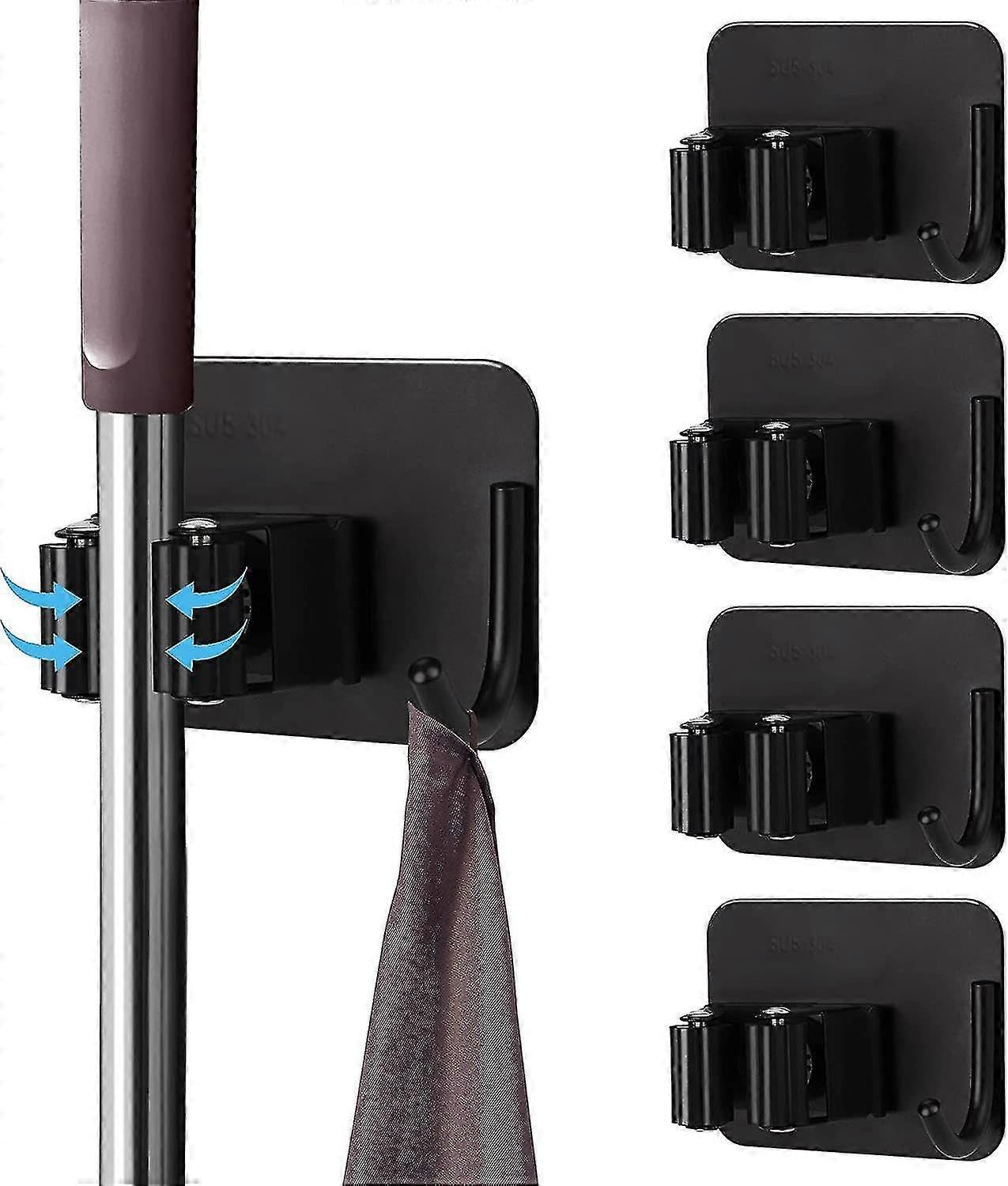 JOYHAPPST Broom Holder, 4pcs Stainless Steel Self Adhesive Mop Holder Wall Mount Organizer Broom Clips with Hook